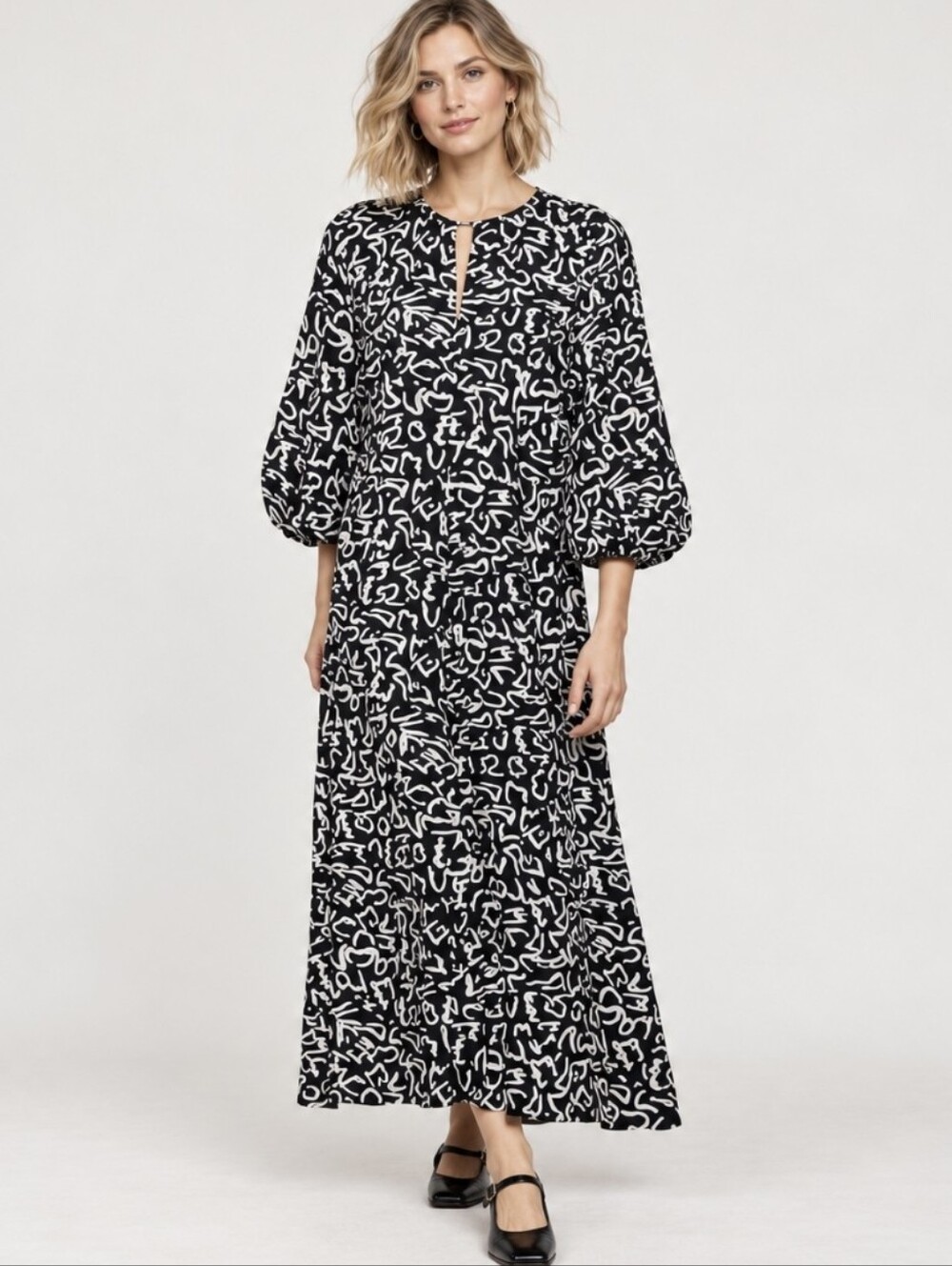 ZARA Abstract Geometric Print Dress Black White Maxi Keyhole Mod Boho Size M